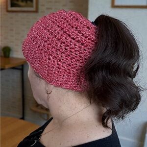 Handmade Crochet Red/White Speckled Ponytail Beanie